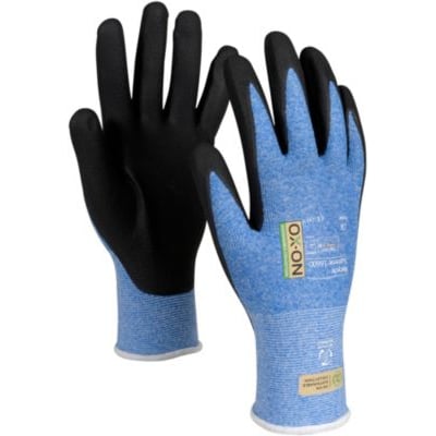 OX-ON Recycle Supreme 16600 arbejdshandsker i str. 11 med blå manchet og sorte nitrilbelagte fingre og håndflade.