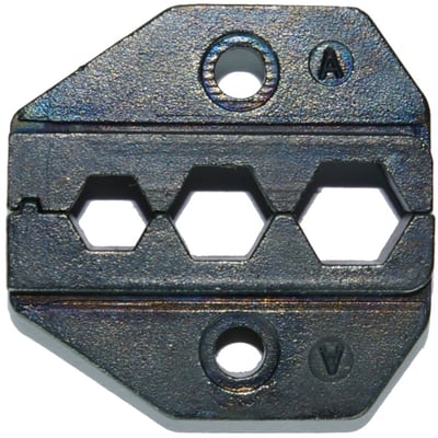 Nelco HD-RAM pressebakke DRG 328 til RG59- og RG6-coaxialkabel med tre sekskantede åbninger set forfra.