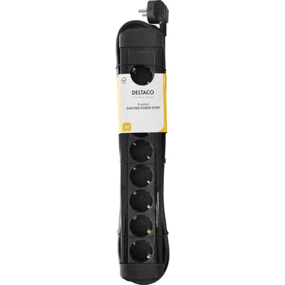 Deltaco stikdåse med 8 jordede udtag, 3 meter kabel og et CEE 7/7 stik i sort design.