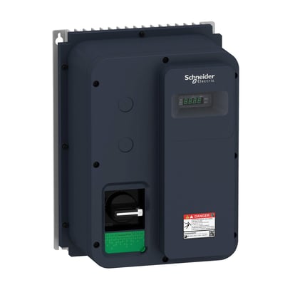 Detaljebillede af Schneider Electric frekvensomformer med synlig afbryder, digitalt display og advarselsmærkat.