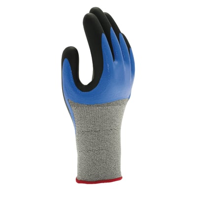 Showa S-TEX 376 Cut D nitrilhandske i størrelse 9, blå med sort belægning og grå skærebeskyttelse i håndleddet.