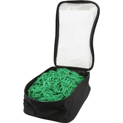 Trailernet i grøn med maskestørrelse 60x60mm, opbevaret i sort transporttaske med klar lomme foran. Tasken er 265 x 135 cm.