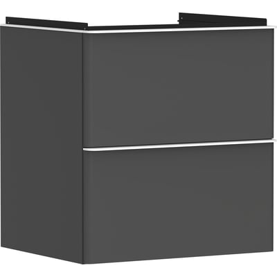 Hansgrohe Xelu Q vaskeskab i mat diamantgrå med to skuffer og integrerede grebslister, vist fra siden.