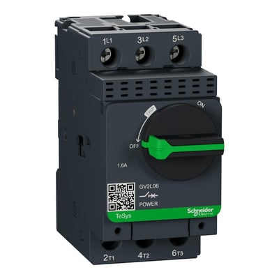 Frontvisning af Schneider Electric TeSys GV2 kortslutningsudløser GV2L06, der viser 1.6A indstilling, QR-kode og 'OFF'/'ON' skiftefunktion.