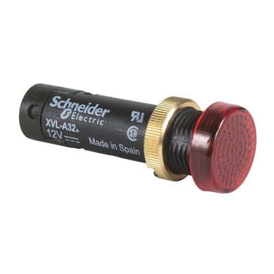 Schneider Electric rød lysdiode, 48V DC, Ø12 mm, XVL-A32, fremstillet i Spanien med messing gevindring og mønstret rødt plastikcover.