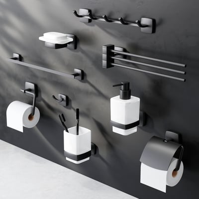 Oversigt over badeværelses tilbehør i sort mat finish, inklusiv tandkrus med holder.