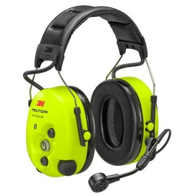 Gult 3M PELTOR WS ProTac XPI Bluetooth-headset med høreværnskopper, hovedbøjle og bommikrofon.