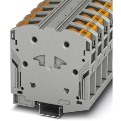 Phoenix Contact stærkstrømsklemme PTPOWER 50, grå, med Power-Turn tilslutning for 10-70 mm² kabler, monteret på skinne.