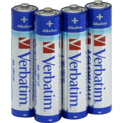 Fire Verbatim Premium Alkaline AAA batterier i blå og hvid emballage med Verbatim logo vist forfra, klar til brug.