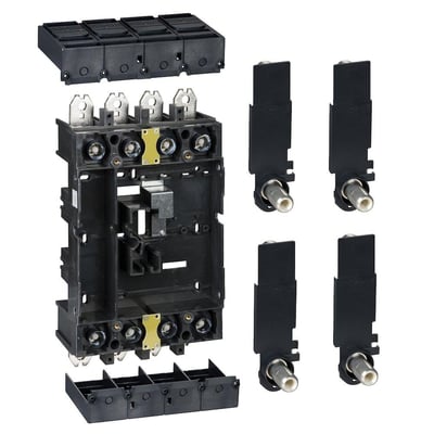 Schneider Electric motordrev MT400/630 250VDC monteringssæt bestående af sort plasthus med fire poler og separate sorte tilslutningsstykker på hvid baggrund.