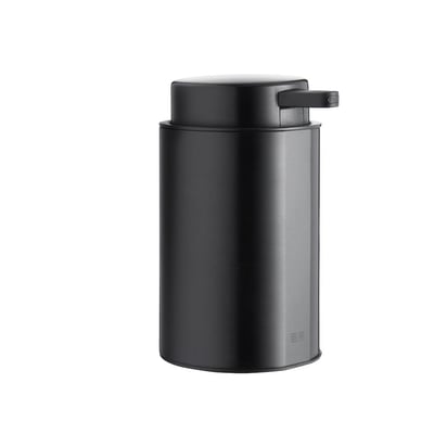 Detaljebillede af Unidrain Reframe sæbedispenser i sort rustfrit stål, der viser pumpemekanismen og den børstede overflade.