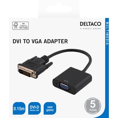 Deltaco sort DVI-D Single Link til VGA-adapter på emballagen, med kabel og begge stik synlige.