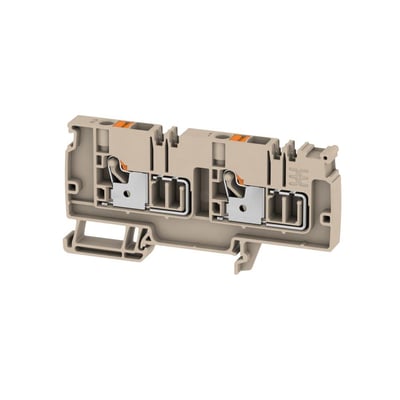 Isoleret Weidmüller distributionsklemme i beige med orange detaljer til 6mm² ledninger, vist på hvid baggrund.