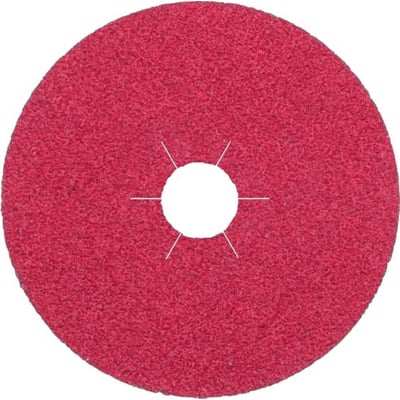 Rød Ironside keramisk fiberrondel med centerhul, Ø180 mm og kornstørrelse K80, set forfra.