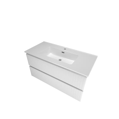 Sanibell Proline møbelsæt i mathvid, 101x46 cm, med 2 grebsfrie softclose skuffer og integreret porcelænsvask.