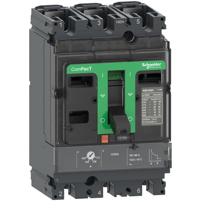 Nærbillede af Schneider Electric ComPacT NSX100H maksimalafbryder, med detaljeret dataplade og 16A termisk-magnetisk enhed.