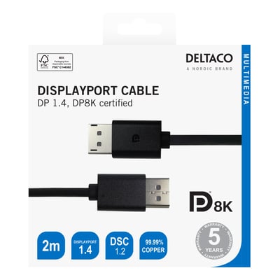 Detailæsken viser et sort Deltaco DisplayPort-kabel med stik i begge ender, DP 1.4 og DP8K-certificering.