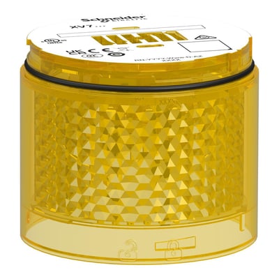 Schneider Electric Harmony XVB7C28 lysmodul, gult LED med fast lys og 70 mm diameter, med diamantmønster og diverse godkendelsesmærker.
