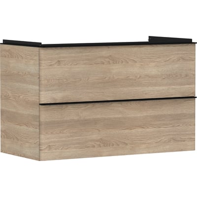 Hansgrohe Xelu Q væghængt vaskeskab i naturlig eg finish med to skuffer og integrerede aluminiumsgreb.