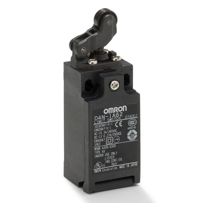 Omron D4N-1A62 endestopafbryder med envejs rullearm og vandret håndtag, viser 1NC/1NO kontakter og Pg13,5 tilslutning.