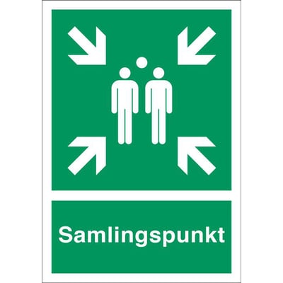 Henvisningsskilt 'Samlingspunkt' i refleks aluminium, A4 størrelse, med grøn baggrund og hvide symboler, der viser personer og pile.