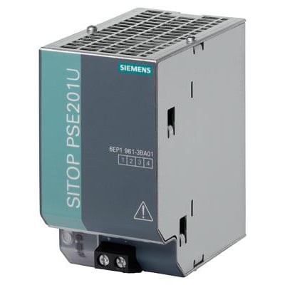 Siemens SITOP modulært puffermodul, model 6EP1 PSE201U, med en tydelig grøn og grå front og køleprofil på toppen.