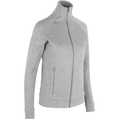 ID Identity dame cardigan i grå melange med lynlås og sidelommer, 2XL størrelse, fremstillet i kraftig kvalitet med ribdetaljer.