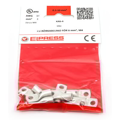 Elpress rørkabelsko CU KR6-4-CP 10 stk. i pose, designet til 6 mm² Cu-ledere med M4 laske og inspektionshul.