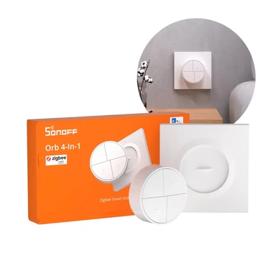 Sonoff SNZB-01M trådløs Zigbee-afbryder med fire knapper vises ved sin orange emballage og vægmontering.