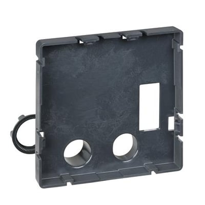 Schneider Electric montageplade til display FDM121, 64x64mm, mørkegrå plast, med to cirkulære åbninger og en rektangulær udskæring.