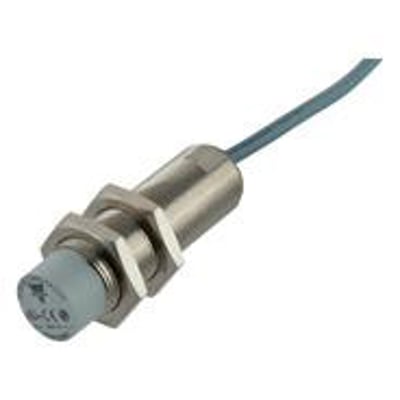 Carlo Gavazzi induktiv aftaster M18 med metalhus, gevind, møtrikker og kabel; model ICB18L50N14A2IO.