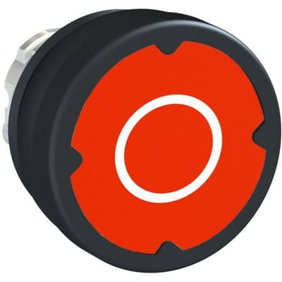 Schneider Electric trykknaphoved Ø22 med 37 mm rød trykflade og hvidt "O" symbol på mørk baggrund.