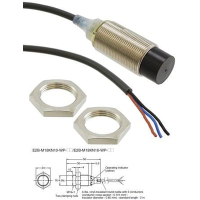 Omron induktiv aftaster LITE i nikkel-messing med M18 gevind og 16 mm registreringsafstand, med 2m kabel og to monteringsmøtrikker.