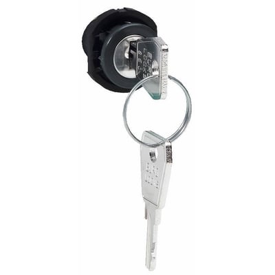 Legrand lås og nøgle med EURO LOCKS gravering, sat i et sort plasthus og klar til brug.