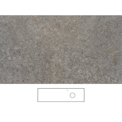 Svedbergs kalkstensbordplade 161 x 46 cm med grå stentekstur og tegning af udskæring til højre og armaturhul til venstre.