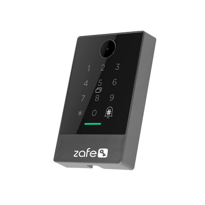 Zafe Reader QR-kodetastatur med QR-læser set skråt forfra, med sort numerisk touchfelt og mørkegråt kabinet.
