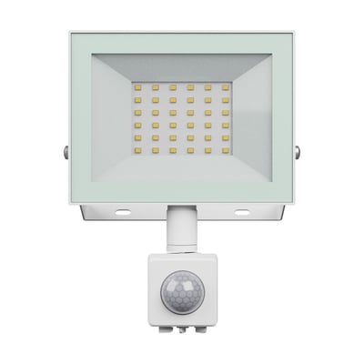 Hvid SpectrumLED 30 W LED-projektør med PIR-sensor og synlige LED-dioder, vist forfra.