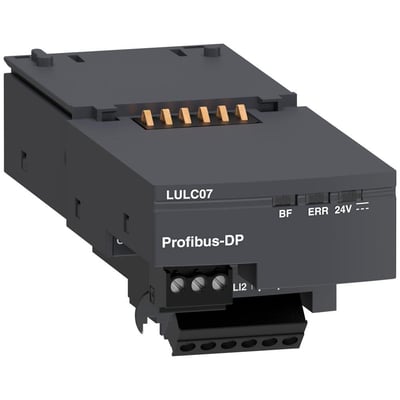 Schneider Electric LULC07 kommunikationsmodul til Profibus DP med stik og terminaler, vist på hvid baggrund.