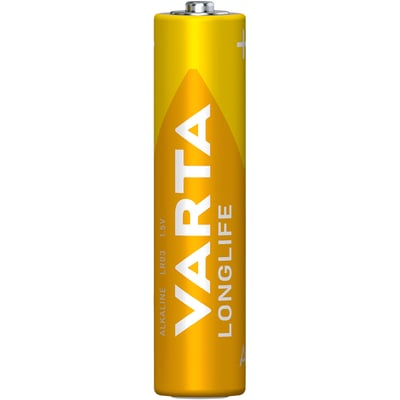 Et gult Varta Longlife AAA-batteri med synlig pluspol og hvid produkttekst på siden.