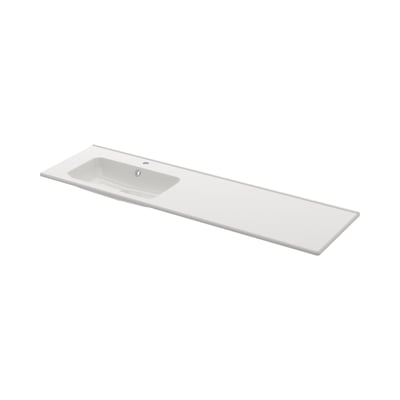 Hvid Svedbergs Forma håndvask på 1610 × 460 mm med hanehul og kumme i venstre side, set skråt ovenfra.
