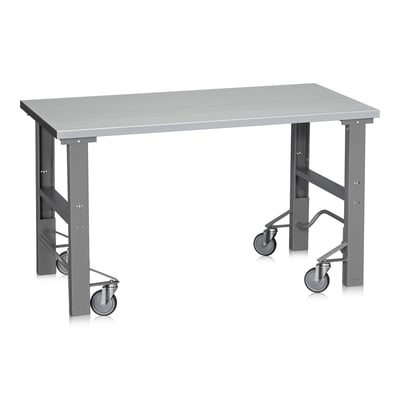Mobil WFI mobil arbejdsbænk med grå vinylbordplade på mørkegråt stel med hjul, 1600 x 800 mm.