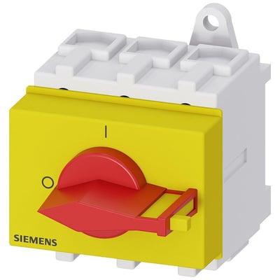 Siemens SENTRON 3LD nødafbryder med tre poler, 63 A og 22 kW samt rød drejeknap på gul front.