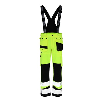 Lyngsøe Hi-Vis regnbuks i gul med sorte detaljer og refleksbånd, str 5XL. Bukserne har seler med logo og mange praktiske lommer.