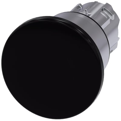 Siemens rund paddehattrykknap i sort metal med 40mm diameter, vist med den klikbare trykflade og monteringsbaggrund.