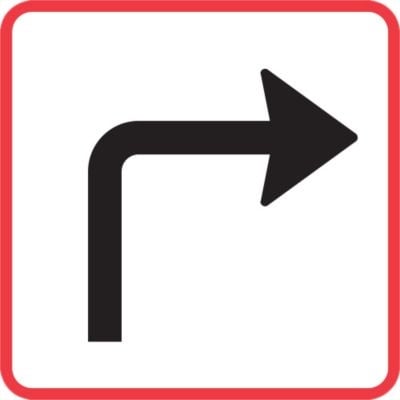 Undertavle med sort knækpil mod højre på hvid baggrund, omkranset af en rød kant.