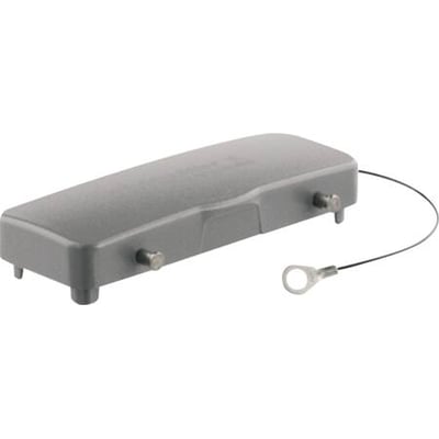 Weidmüller dæksel til HDC industristik, størrelse 24B, uden pakning og med 2 bøjler på en hvid baggrund.