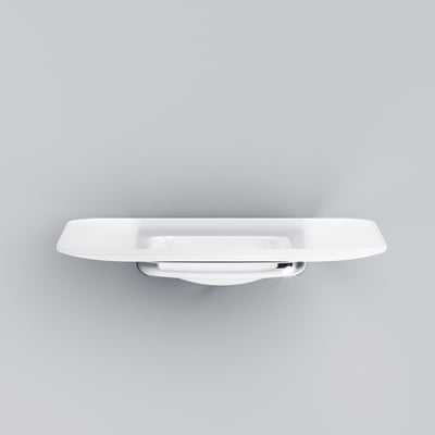 AM.PM Inspire V2.0 sæbeskål i frostet glas med blank krom holder set fra siden på grå baggrund.