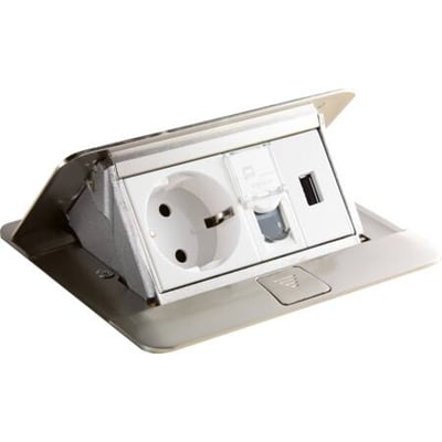 Legrand Popop planforsænket el-boks med 4 moduler, åben klap viser europæisk stikkontakt, USB-port og en afbryder i rustfrit stål finish.