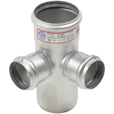 Blücher dobbelt grenrør i rustfri stål (AISI304) på 75x50 mm med 87,5° vinkel, vist med label.