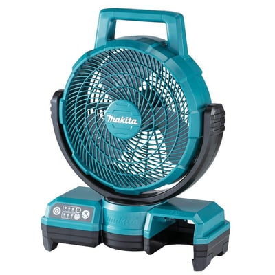 Makita 18V akku ventilator DCF203Z set fra siden, viser dens kompakte design og kontrolpanelet med tre hastighedsindstillinger.